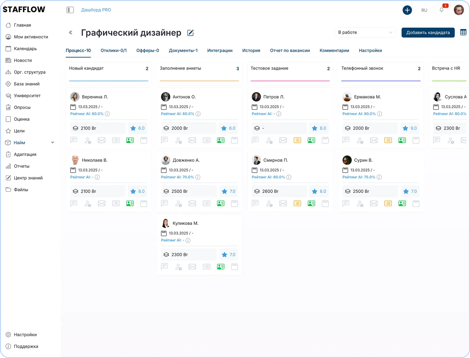 Пользовательские этапы подбора кандидата (канбан)
